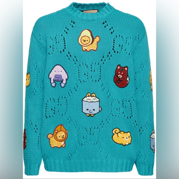 Gucci KNIT COTTON JUMPER WITH ANIMAL EMBROIDERY IN BLUE - Picture 3 of 8
